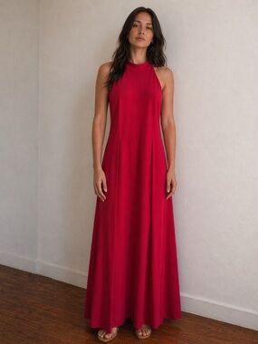 NWT Mushare Red Halter Maxi Dress Sleeveless Formal Evening Gown Size L